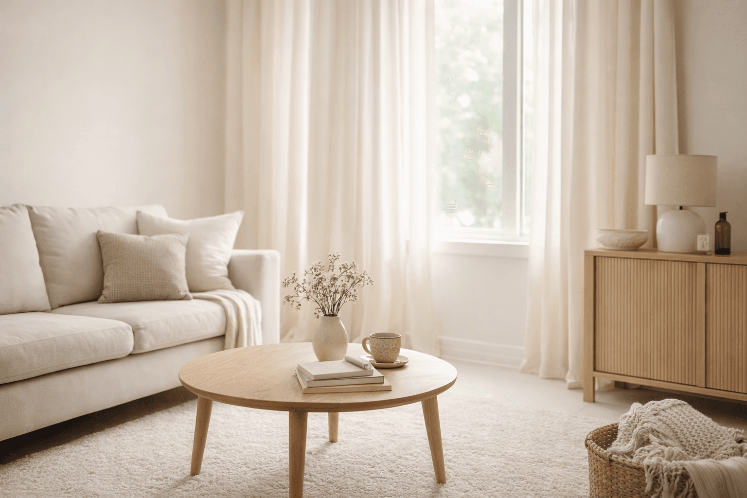 A clean, sunlit living room with warm neutral tones