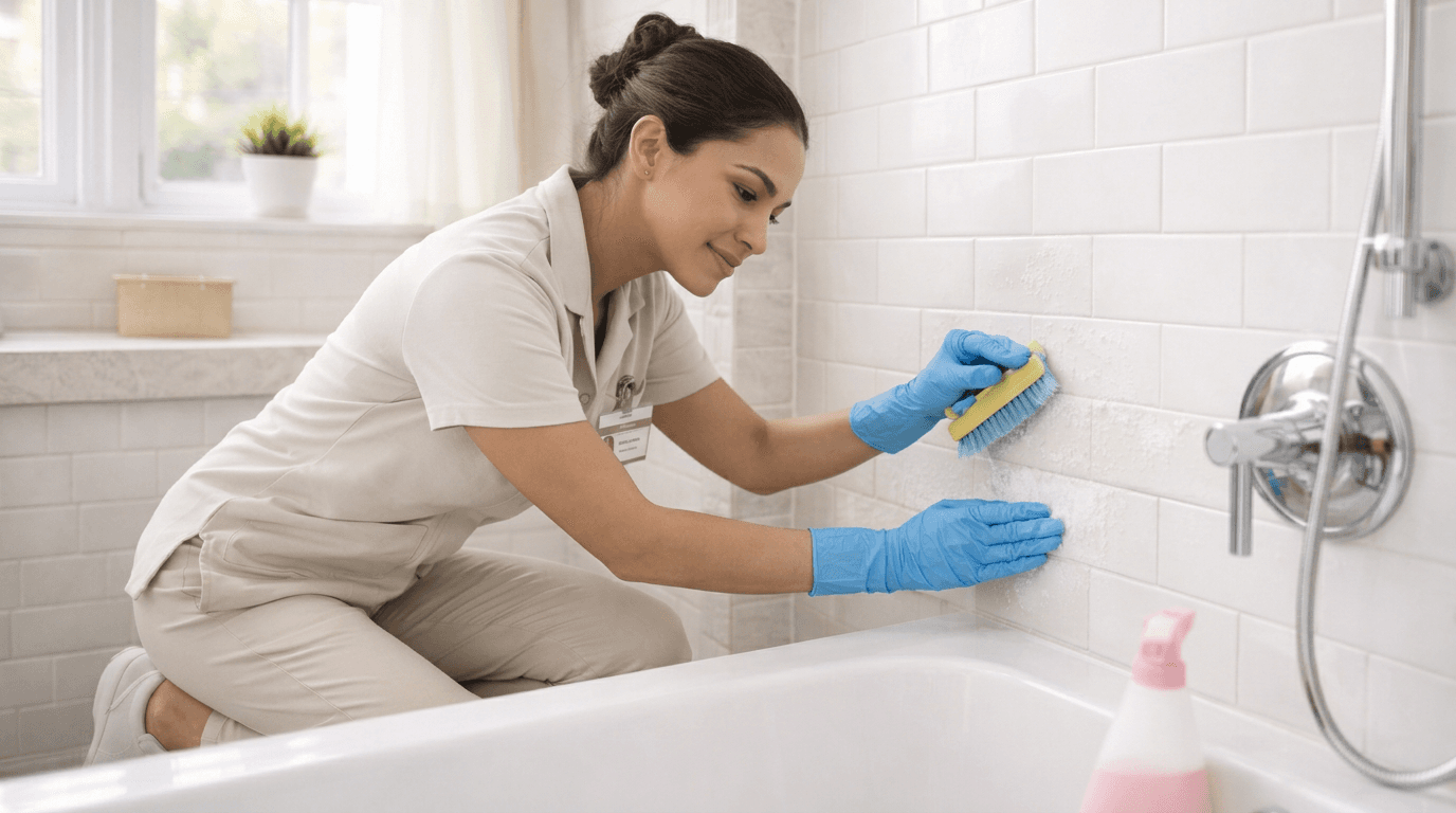 Detailed deep cleaning of a kitchen with sparkling countertops and fixtures